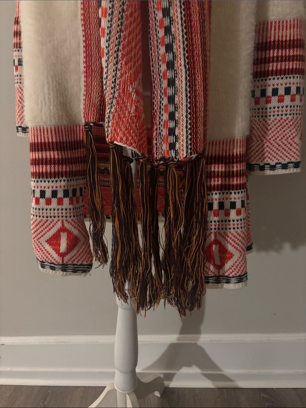 Anthropologie Cream Cardigan with Coral & Pink Patterned Trim
